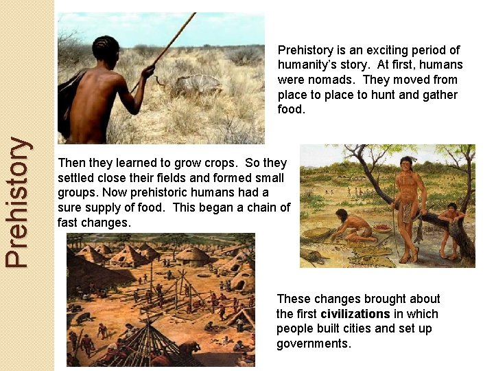 Prehistory is an exciting period of humanity’s story. At first, humans were nomads. They