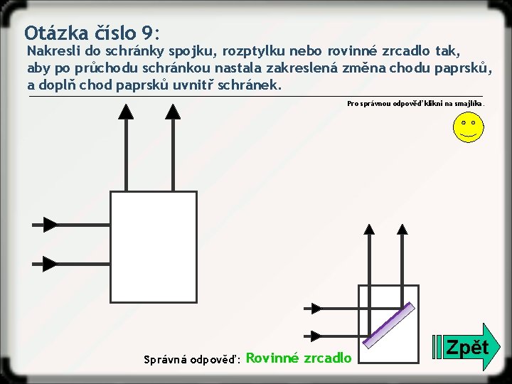 Otázka číslo 9: Nakresli do schránky spojku, rozptylku nebo rovinné zrcadlo tak, aby po