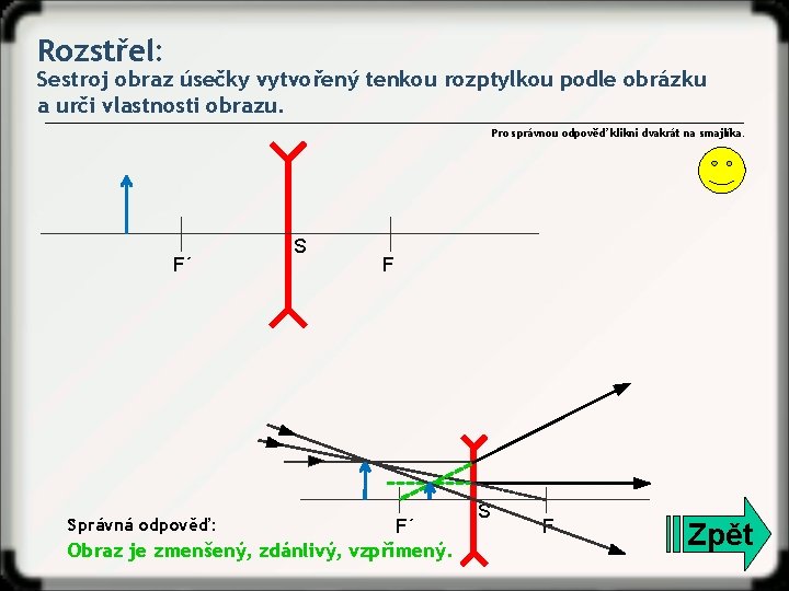 Rozstřel: Sestroj obraz úsečky vytvořený tenkou rozptylkou podle obrázku a urči vlastnosti obrazu. Pro