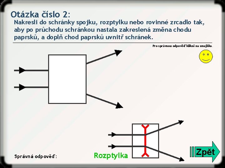 Otázka číslo 2: Nakresli do schránky spojku, rozptylku nebo rovinné zrcadlo tak, aby po