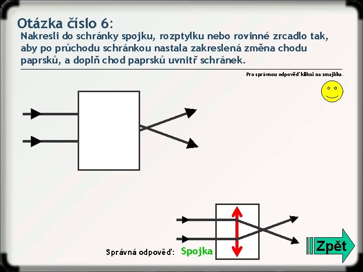 Otázka číslo 6: Nakresli do schránky spojku, rozptylku nebo rovinné zrcadlo tak, aby po