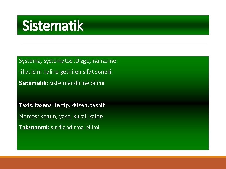 Sistematik Systema, systematos : Dizge, manzume -ika: isim haline getirilen sıfat soneki Sistematik: sistemlendirme