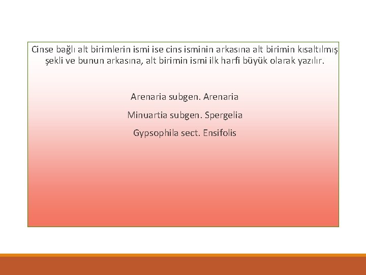 Cinse bağlı alt birimlerin ismi ise cins isminin arkasına alt birimin kısaltılmış şekli ve