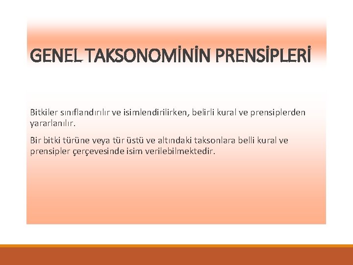 GENEL TAKSONOMİNİN PRENSİPLERİ Bitkiler sınıflandırılır ve isimlendirilirken, belirli kural ve prensiplerden yararlanılır. Bir bitki