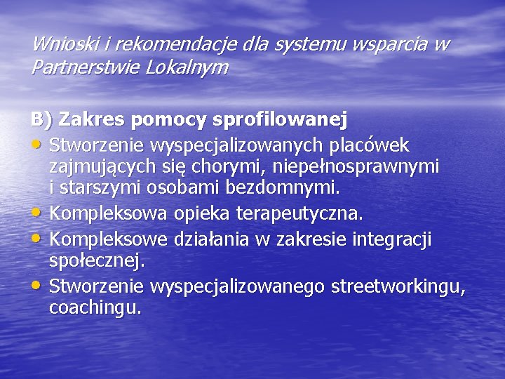 Wnioski i rekomendacje dla systemu wsparcia w Partnerstwie Lokalnym B) Zakres pomocy sprofilowanej •