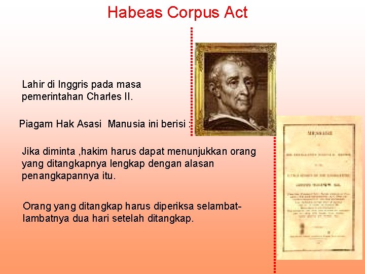Habeas Corpus Act Lahir di Inggris pada masa pemerintahan Charles II. Piagam Hak Asasi