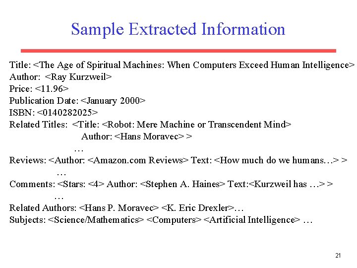 Sample Extracted Information Title: <The Age of Spiritual Machines: When Computers Exceed Human Intelligence>