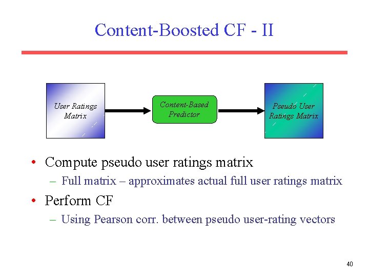 Content-Boosted CF - II User Ratings Matrix Content-Based Predictor Pseudo User Ratings Matrix •