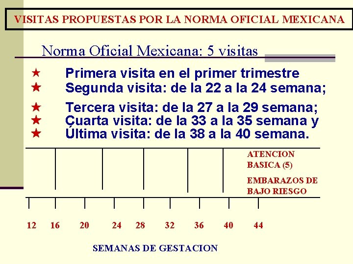 VISITAS PROPUESTAS POR LA NORMA OFICIAL MEXICANA Norma Oficial Mexicana: 5 visitas Primera visita