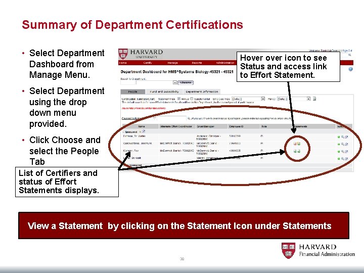 Summary of Department Certifications • Select Department Dashboard from Manage Menu. Hover icon to