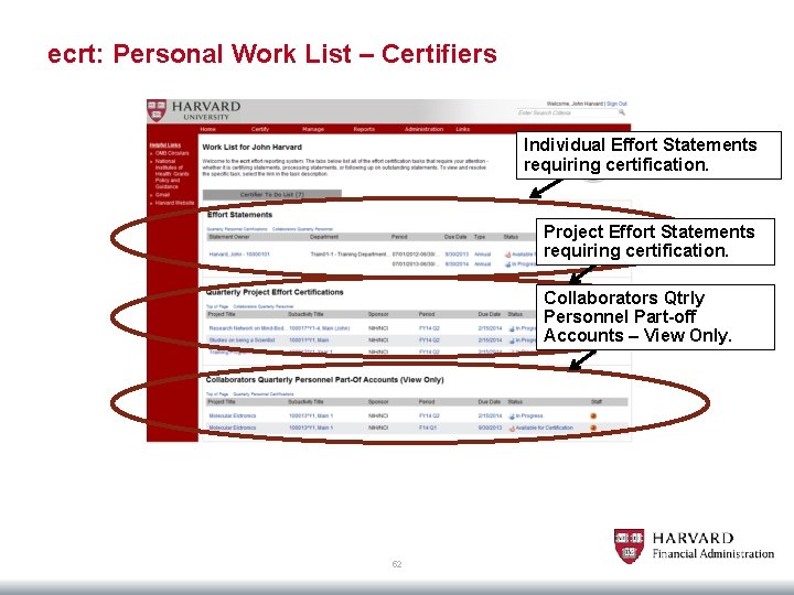 ecrt: Personal Work List – Certifiers Individual Effort Statements requiring certification. Project Effort Statements