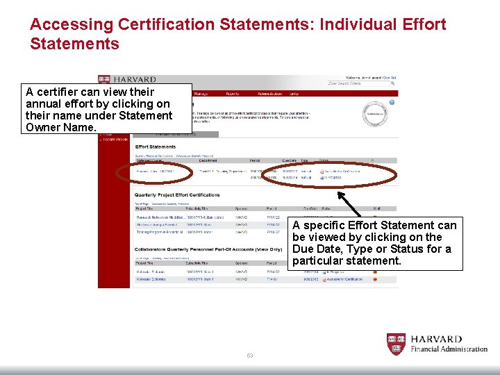 Accessing Certification Statements: Individual Effort Statements A certifier can view their annual effort by