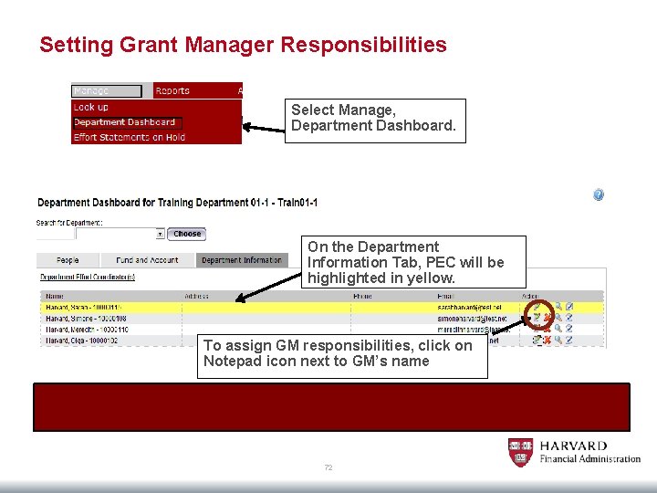 Setting Grant Manager Responsibilities Select Manage, Department Dashboard. On the Department Information Tab, PEC
