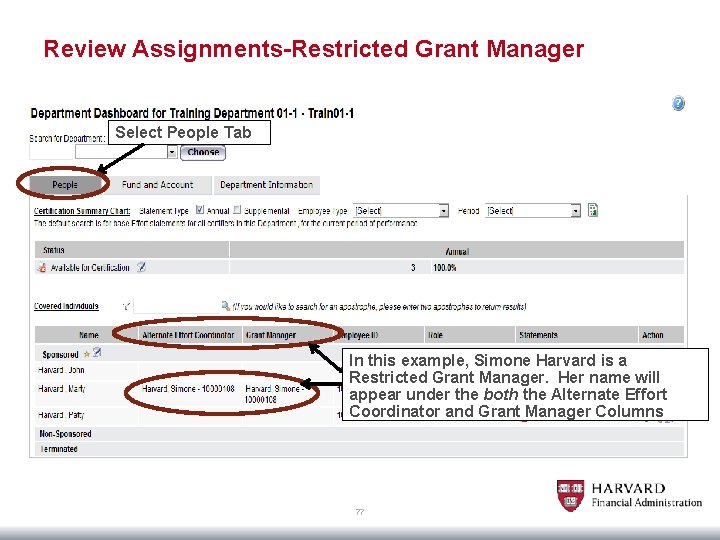 Review Assignments-Restricted Grant Manager Select People Tab In this example, Simone Harvard is a