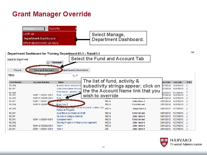 Grant Manager Override Select Manage, Department Dashboard. Select the Fund and Account Tab The