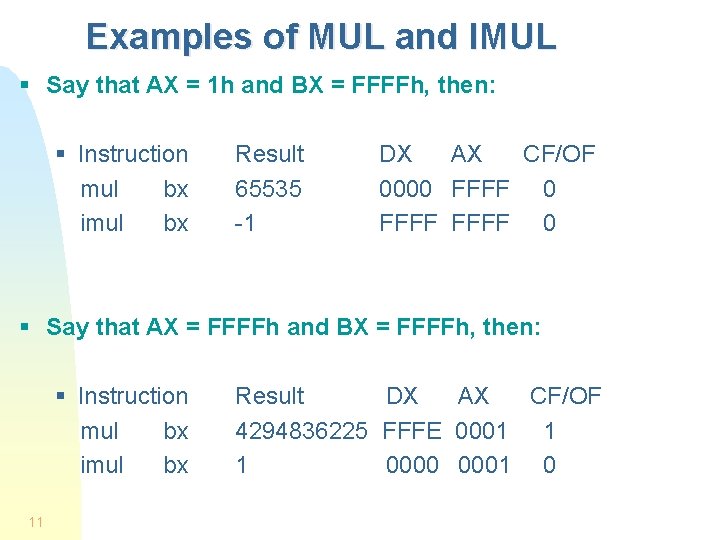 Examples of MUL and IMUL § Say that AX = 1 h and BX