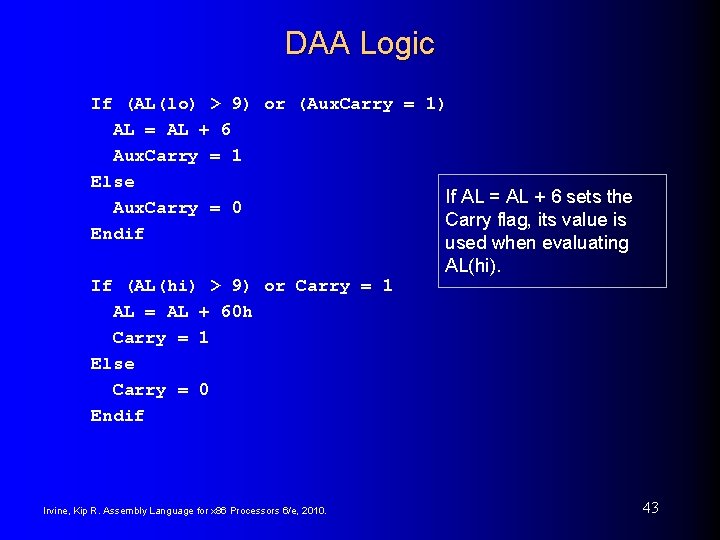 DAA Logic If (AL(lo) > 9) or (Aux. Carry = 1) AL = AL