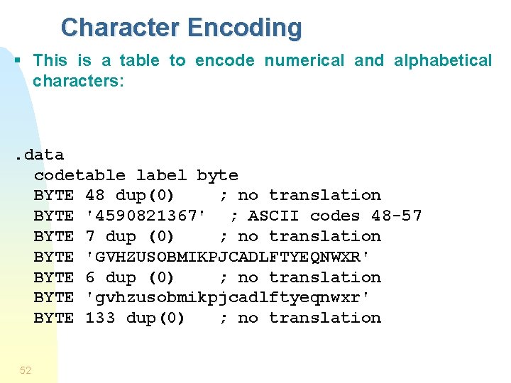 Character Encoding § This is a table to encode numerical and alphabetical characters: .