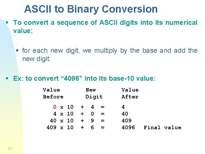 ASCII to Binary Conversion § To convert a sequence of ASCII digits into its