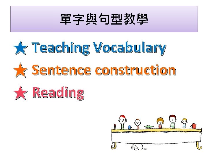 單字與句型教學 ★ Teaching Vocabulary ★ Sentence construction ★ Reading 