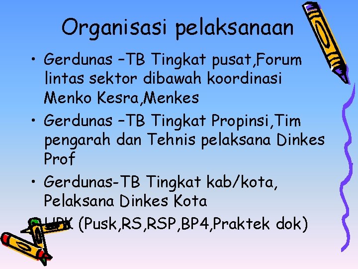 Organisasi pelaksanaan • Gerdunas –TB Tingkat pusat, Forum lintas sektor dibawah koordinasi Menko Kesra,
