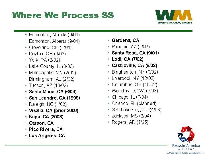 Where We Process SS • • • • • Edmonton, Alberta (9/01) Cleveland, OH