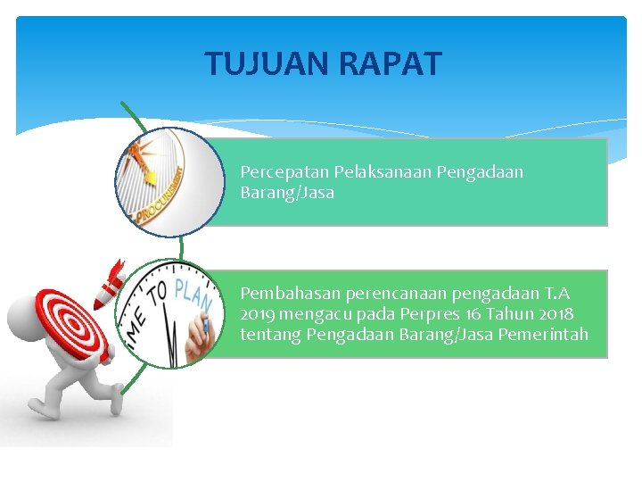 TUJUAN RAPAT Percepatan Pelaksanaan Pengadaan Barang/Jasa Pembahasan perencanaan pengadaan T. A 2019 mengacu pada