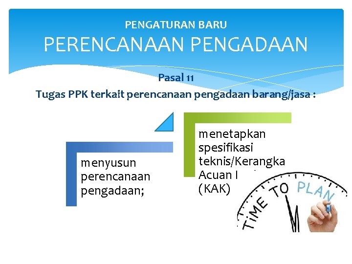 PENGATURAN BARU PERENCANAAN PENGADAAN Pasal 11 Tugas PPK terkait perencanaan pengadaan barang/jasa : menyusun