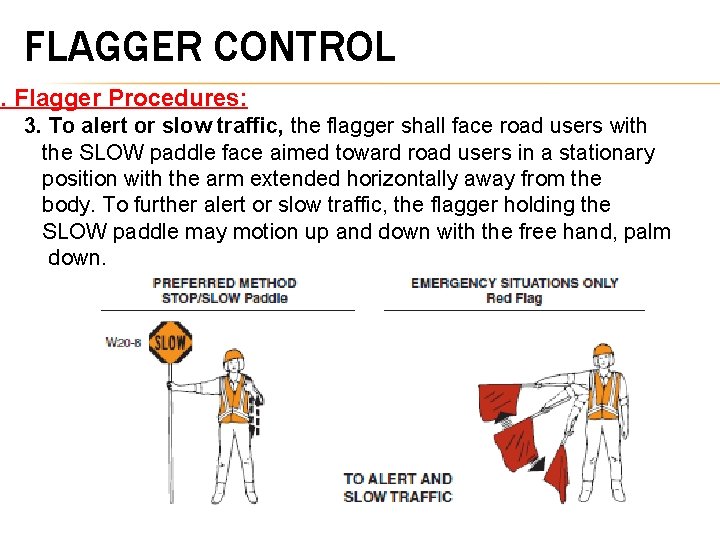 FLAGGER CONTROL 5. Flagger Procedures: 3. To alert or slow traffic, the flagger shall