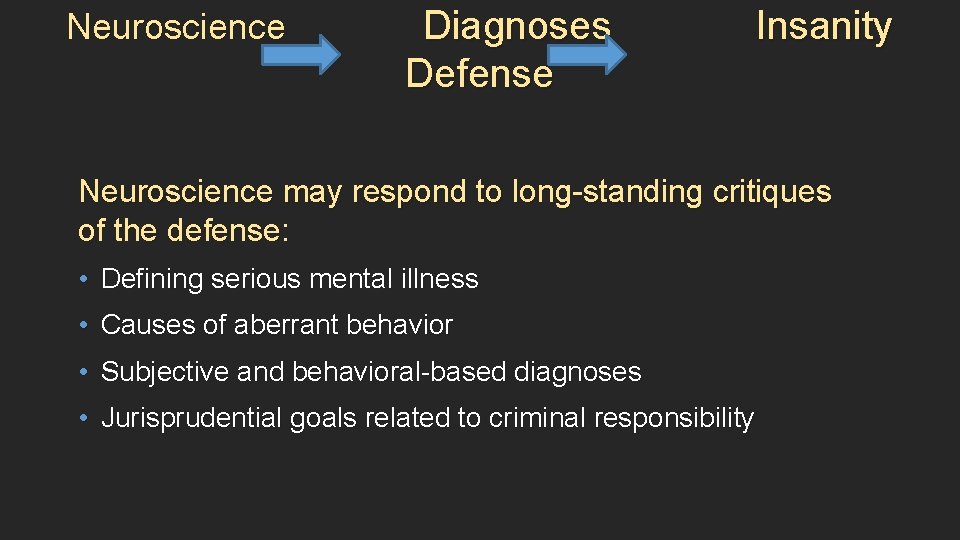 Neuroscience Diagnoses Defense Insanity Neuroscience may respond to long-standing critiques of the defense: •