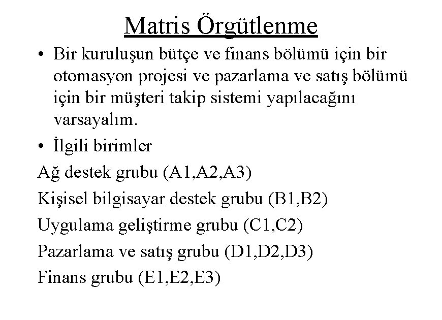 Matris Örgütlenme • Bir kuruluşun bütçe ve finans bölümü için bir otomasyon projesi ve