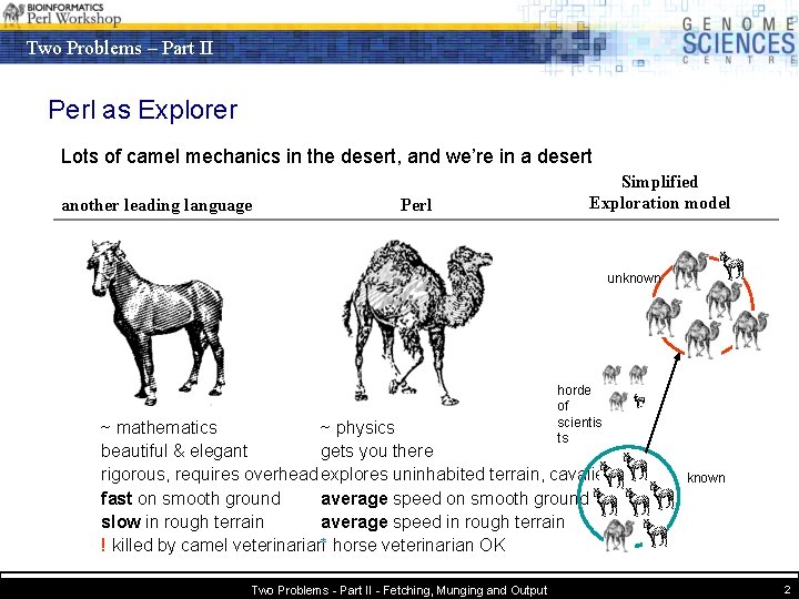 Two Problems – Part II Perl as Explorer Lots of camel mechanics in the