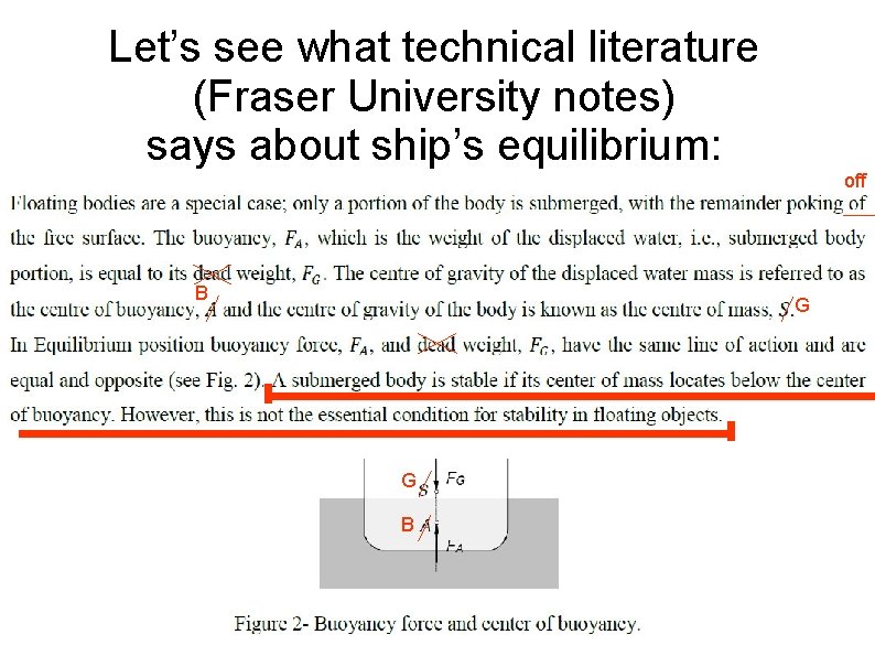Let’s see what technical literature (Fraser University notes) says about ship’s equilibrium: B off