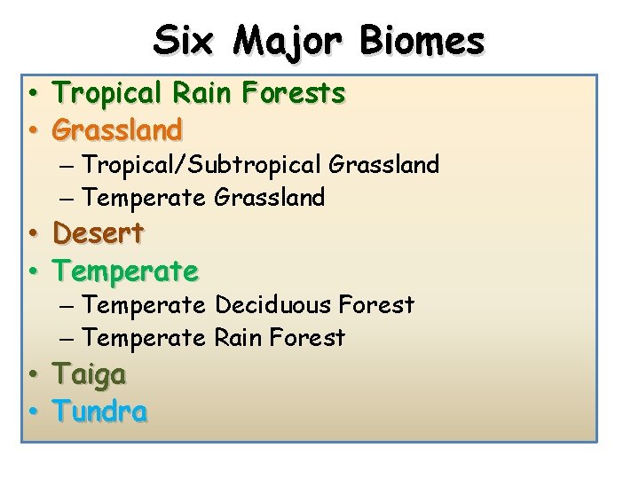 Six Major Biomes • Tropical Rain Forests • Grassland – Tropical/Subtropical Grassland – Temperate