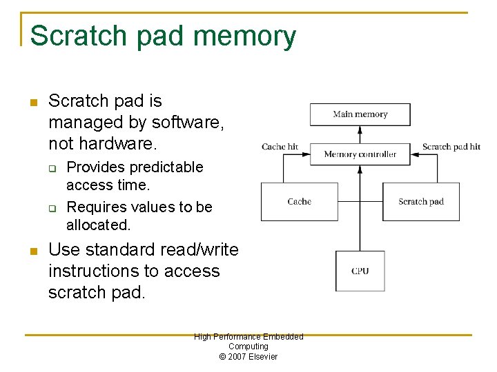 Scratch pad memory n Scratch pad is managed by software, not hardware. q q