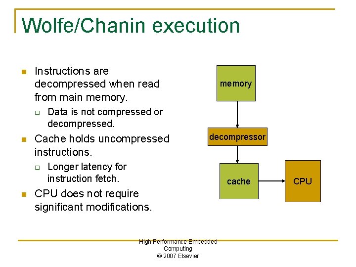Wolfe/Chanin execution n Instructions are decompressed when read from main memory. q n n