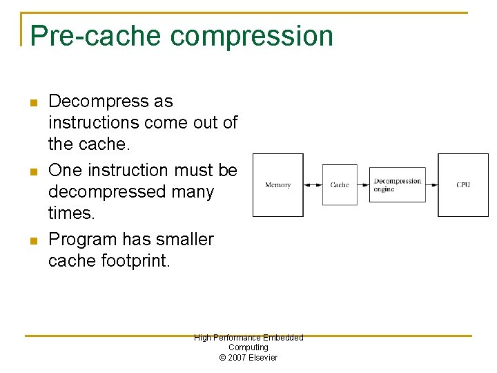 Pre-cache compression n Decompress as instructions come out of the cache. One instruction must
