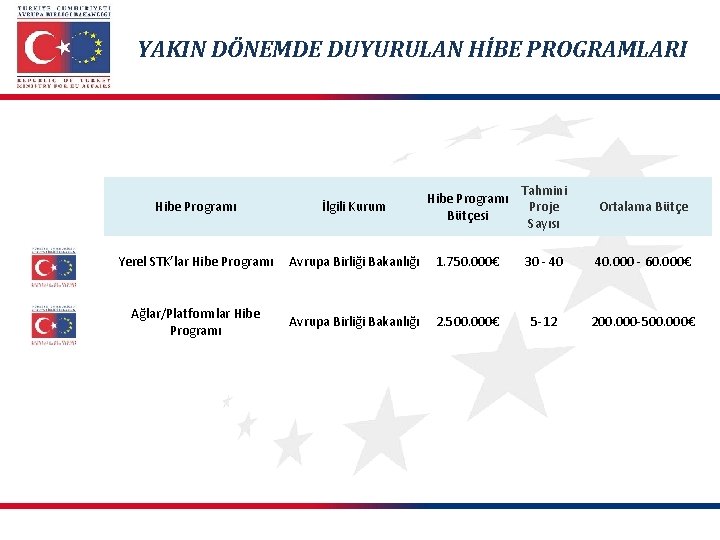 YAKIN DÖNEMDE DUYURULAN HİBE PROGRAMLARI Tahmini Proje Sayısı Ortalama Bütçe Hibe Programı İlgili Kurum