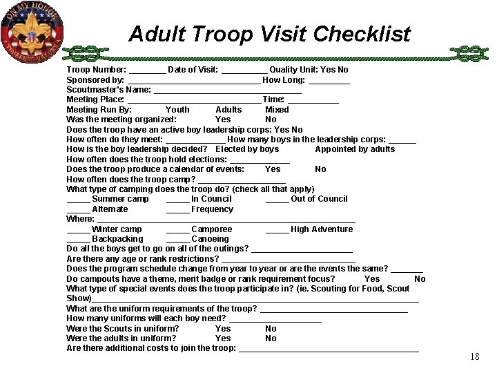 Adult Troop Visit Checklist Troop Number: ____ Date of Visit: _____ Quality Unit: Yes