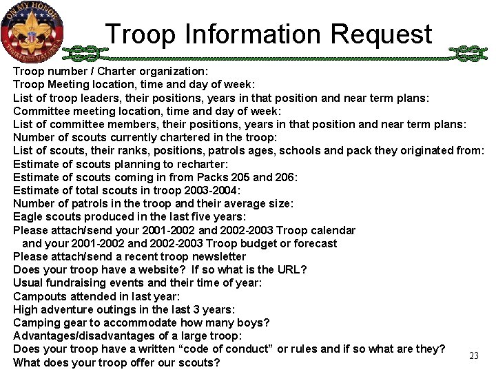 Troop Information Request Troop number / Charter organization: Troop Meeting location, time and day