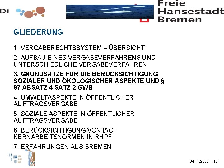 GLIEDERUNG 1. VERGABERECHTSSYSTEM – ÜBERSICHT 2. AUFBAU EINES VERGABEVERFAHRENS UND UNTERSCHIEDLICHE VERGABEVERFAHREN 3. GRUNDSÄTZE