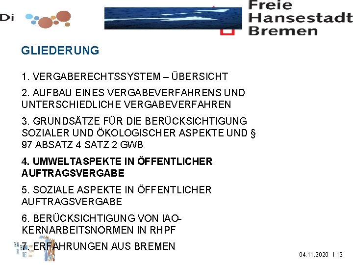 GLIEDERUNG 1. VERGABERECHTSSYSTEM – ÜBERSICHT 2. AUFBAU EINES VERGABEVERFAHRENS UND UNTERSCHIEDLICHE VERGABEVERFAHREN 3. GRUNDSÄTZE