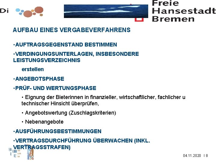 AUFBAU EINES VERGABEVERFAHRENS • AUFTRAGSGEGENSTAND BESTIMMEN • VERDINGUNGSUNTERLAGEN, INSBESONDERE LEISTUNGSVERZEICHNIS erstellen • ANGEBOTSPHASE •