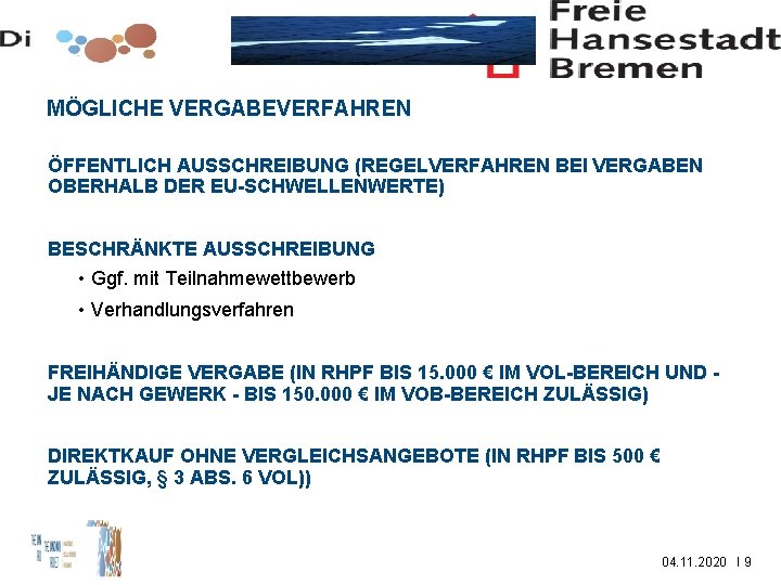 MÖGLICHE VERGABEVERFAHREN ÖFFENTLICH AUSSCHREIBUNG (REGELVERFAHREN BEI VERGABEN OBERHALB DER EU-SCHWELLENWERTE) BESCHRÄNKTE AUSSCHREIBUNG • Ggf.