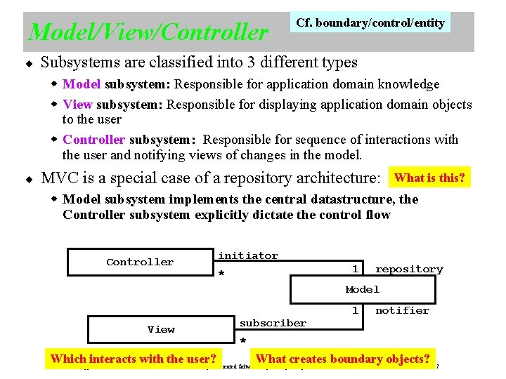 Model/View/Controller ¨ Cf. boundary/control/entity Subsystems are classified into 3 different types Model subsystem: Responsible