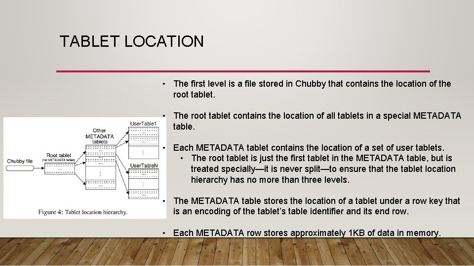 TABLET LOCATION • The first level is a file stored in Chubby that contains