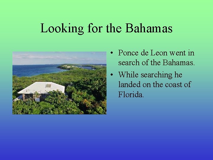 Looking for the Bahamas • Ponce de Leon went in search of the Bahamas.