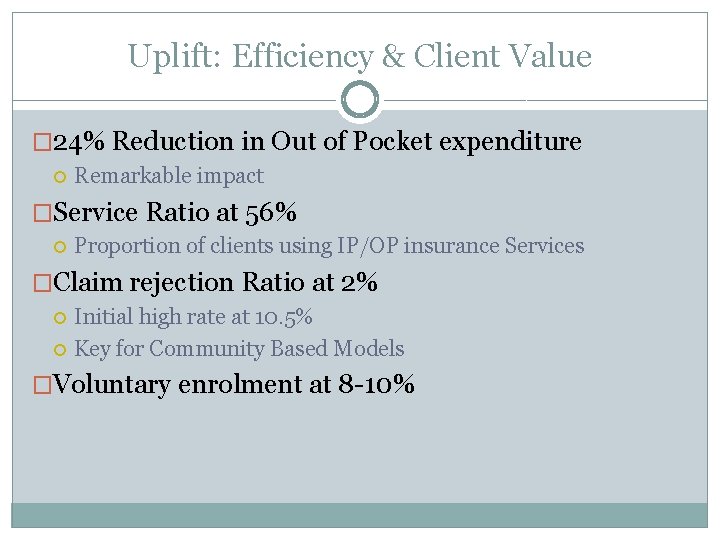 Uplift: Efficiency & Client Value � 24% Reduction in Out of Pocket expenditure Remarkable