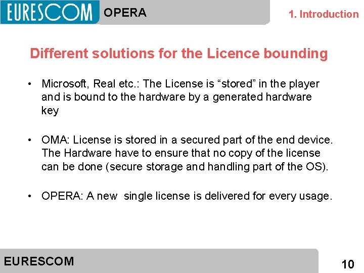 OPERA 1. Introduction Different solutions for the Licence bounding • Microsoft, Real etc. :