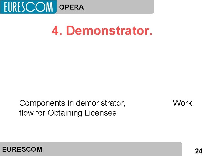OPERA 4. Demonstrator. Components in demonstrator, flow for Obtaining Licenses EURESCOM Work 24 